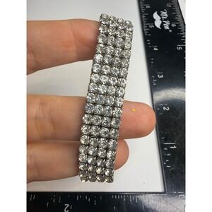 Silver Tone 4 Row Clear Rhinestone Stretch Bracelet Glam Bridal Prom Cuff